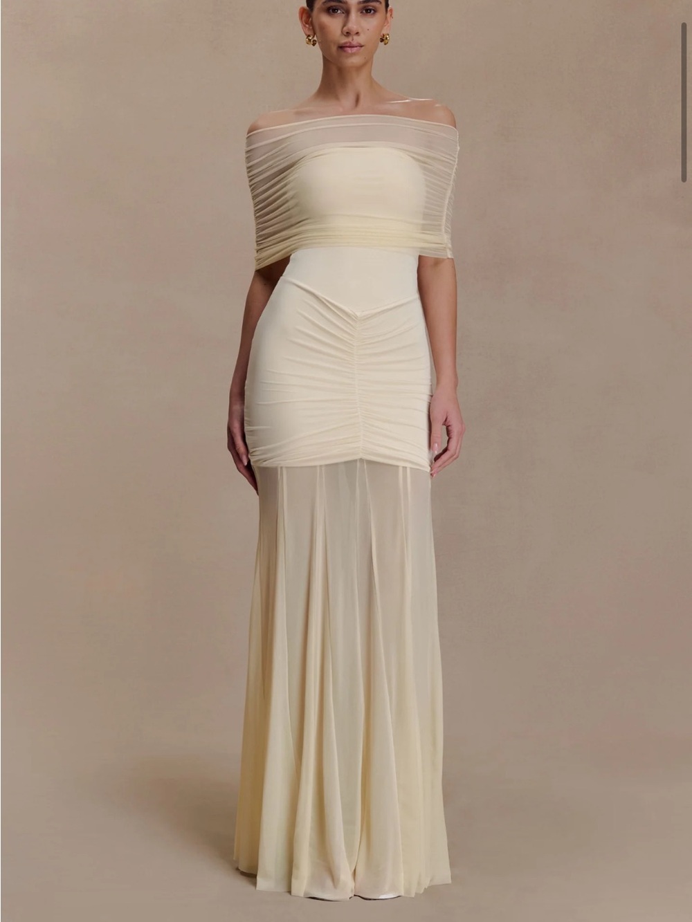 Meshki Caspian Slinky And Mesh Off Shoulder Maxi Dress - Ivory
